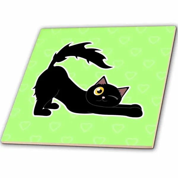 3drose Kawaii Cats - Cute Black Kitty Stretching - Ceramic Tile, 15cm