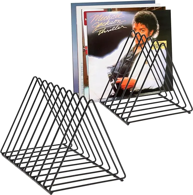 Skywin Record Organizer, 2 Pack Vinyl Rack Storage, Triangle File Organizer for Desk, Vinyl Record Rank Holds Up To 60 Albums, Space Saving Magazine Holder (Black)