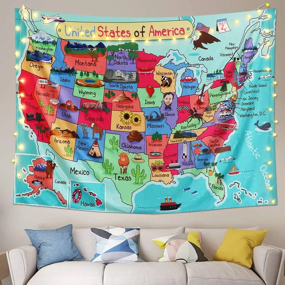 Alynsehom Tapestry United States Map Cartoon America USA State Distribution Colorful Educational Tapestry Wall Hanging Kids Bedroom Nursery Classroom Decor (51"x59"/130x150cm)