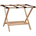 Household Essentials Fully Assembled Folding Luggage Rack with Lower Storage Shelf | Bamboo Frame with Black Straps, Brown