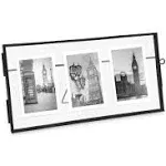 Isaac Jacobs 3-Photo Vintage Style Glass and Metal Floating Picture Frame (Horizontal) w/Locket Closure; (Fits 3 2x3 photos) for Photos, Art, & More, Tabletop Display (Three-2x3, Black)