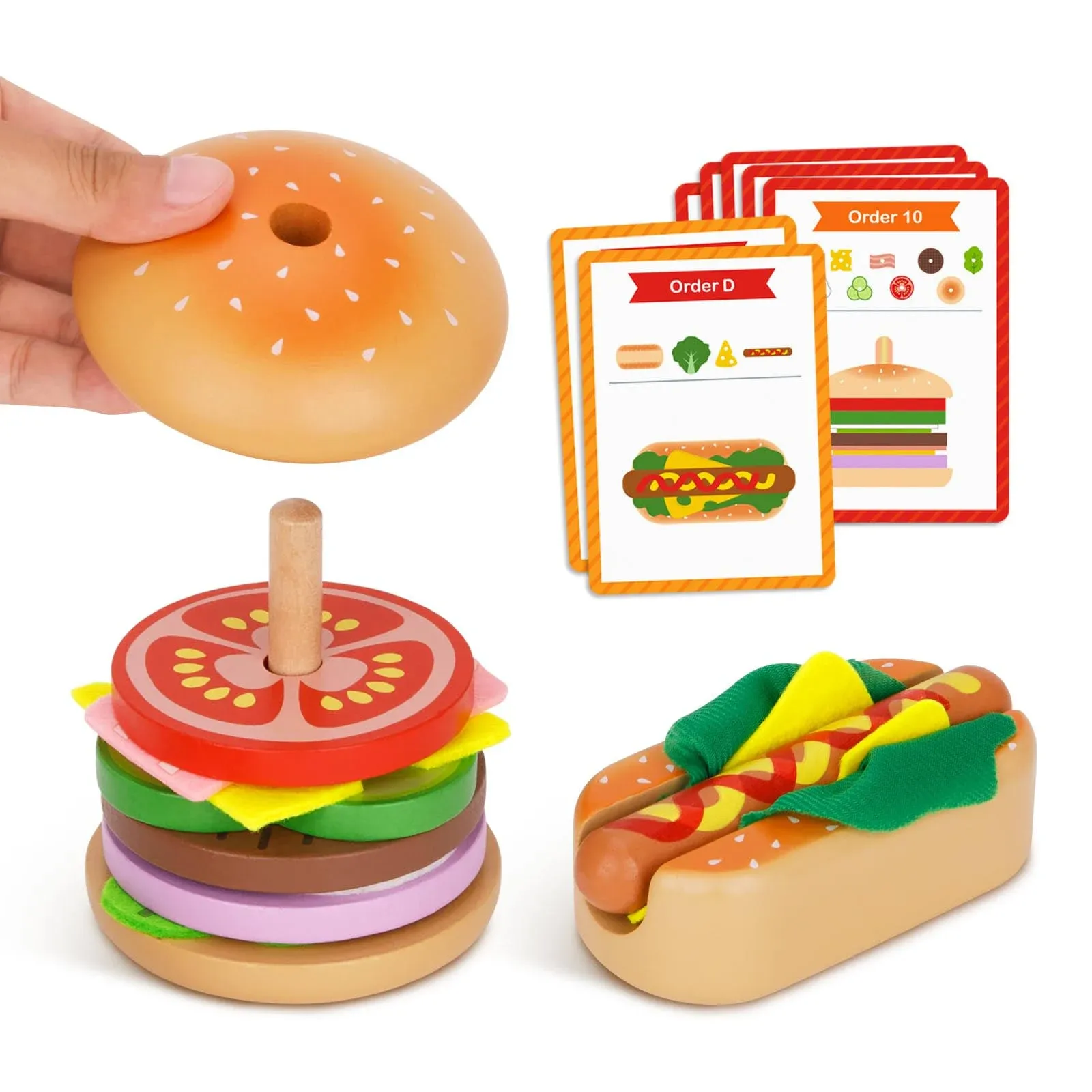 TOOKYLAND Wooden Hot Dog and Hamburger Stacking Toys, Play Fake Food Toy for Toddlers with Order Cards, Montessori Fine Motor Toys for 3 4 5 Year Old