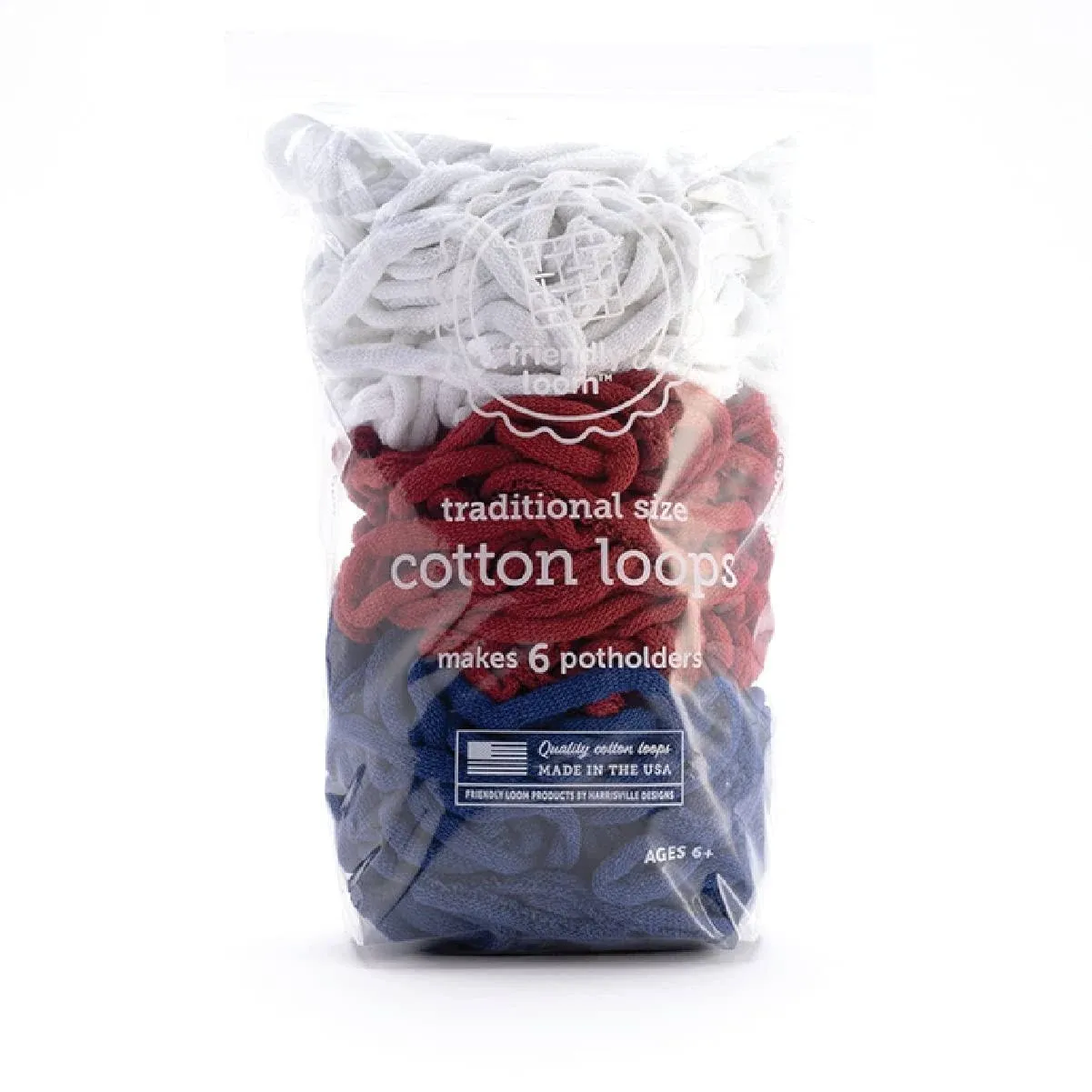 Lotta Loops by Friendly Loom - 4th of July Independence Day Pack (Traditional Size) White, Red, Blue Cotton Loops Makes 6 Potholders Approx 6" x 6"by Harrisville Designs Made in The USA