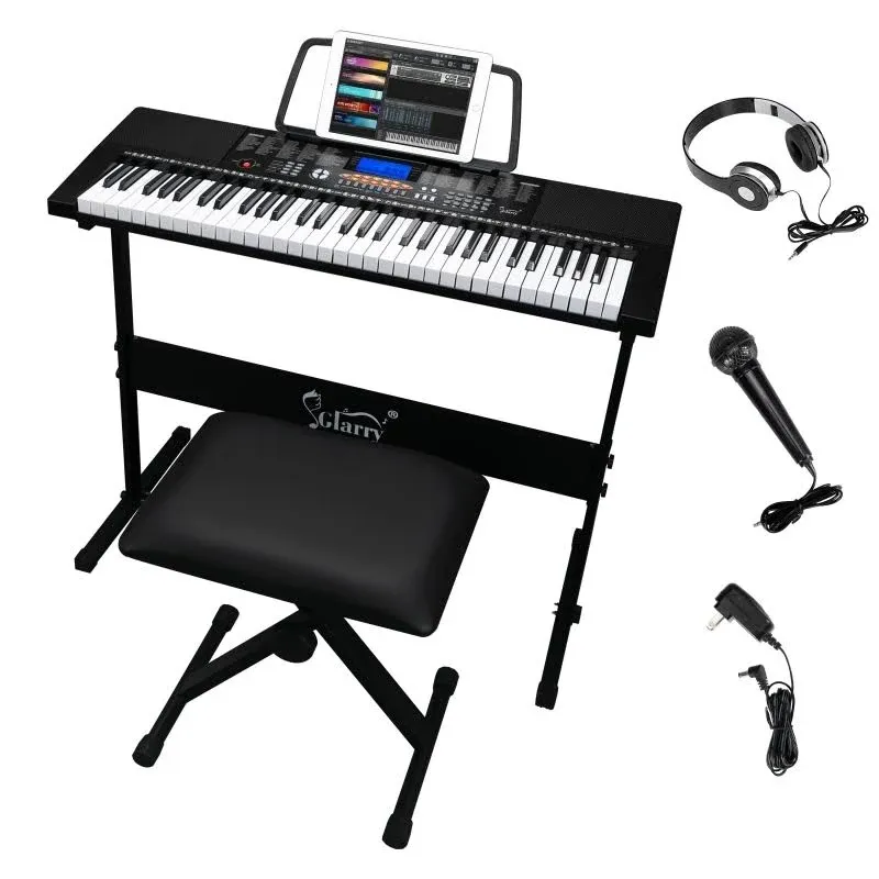 GLARRY 61-Key Portable Electronic Keyboard Piano set w/LCD Screen, Stand, Microphone, Headphones, Stand, Bench, Teaching Modes, Built-In Speakers