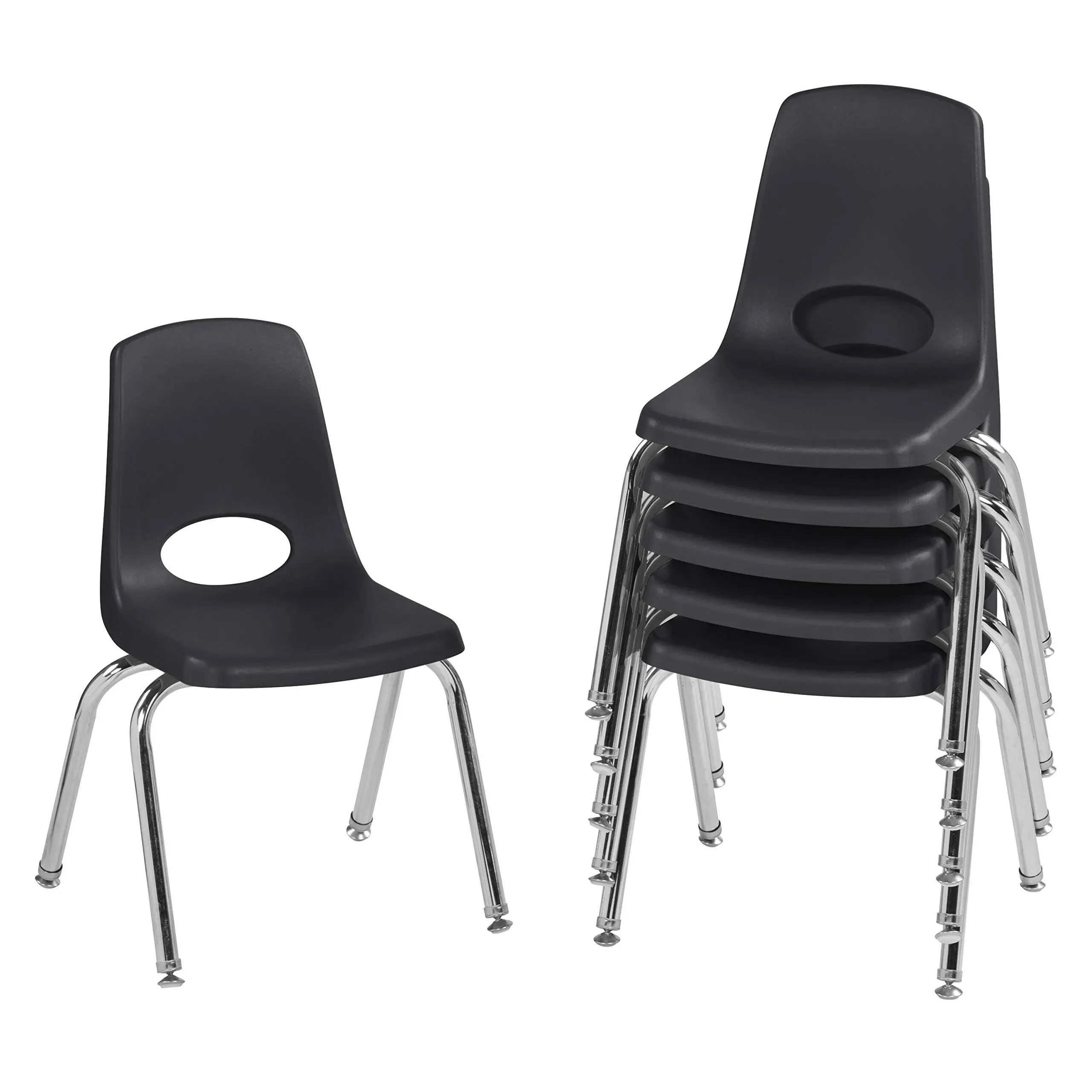 Factory Direct Partners 10368-BK 16" School Stack Chair, Stacking Student Seat with Chromed Steel Legs and Nylon Swivel Glides for in-Home Learning or Classroom - Black (6-Pack)