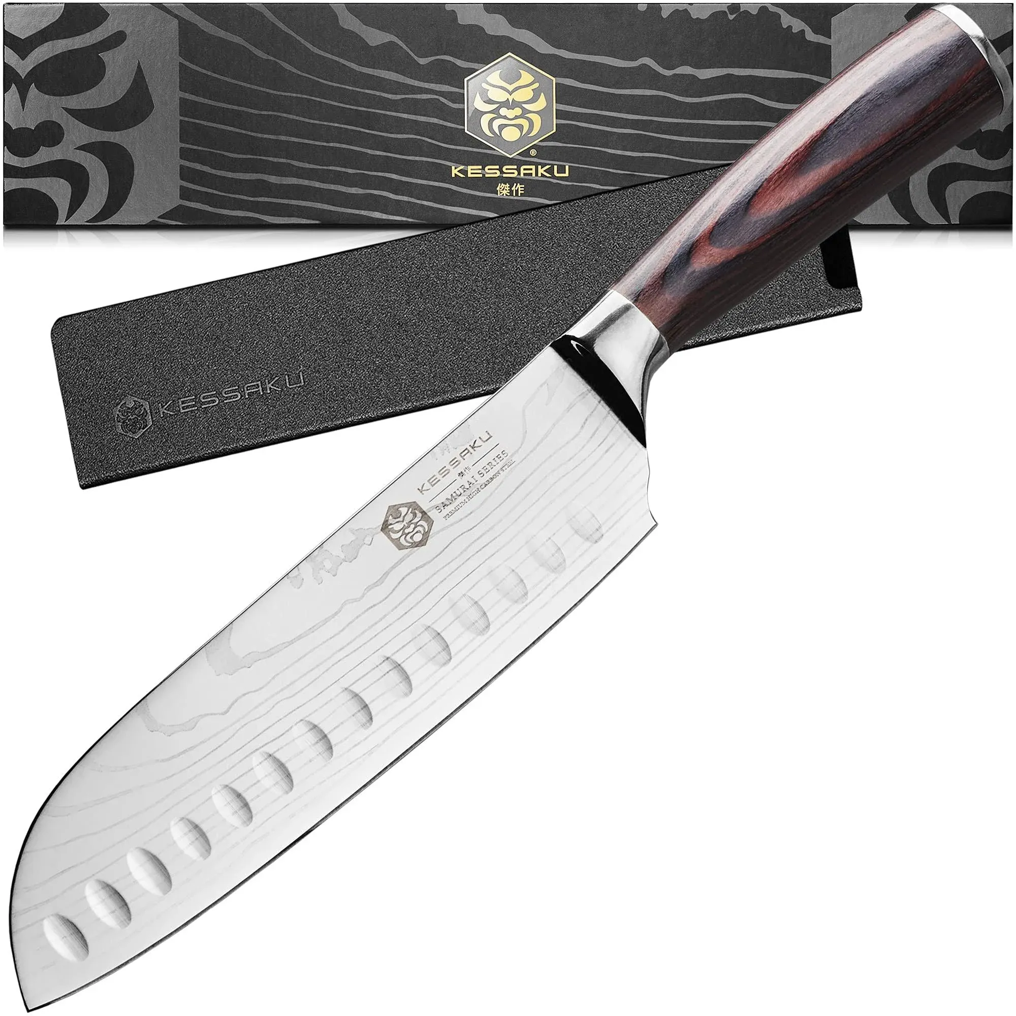 Kessaku Santoku Knife - Samurai Series - Japanese Etched High Carbon Steel - 7"