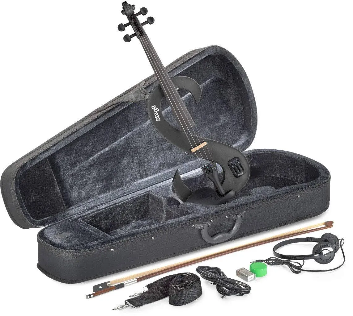 Stagg EVN 4/4 S-Shaped Electric Violin Metallic Black w/ Case, Bow, Headphones