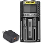 Nitecore UMS2 Intelligent USB Dual-Slot Quick Battery Charger for Li-Ion/Ni-MH/Ni-Cd/IMR 16340 14500 18650 21700 20700 AA AAA and More Batteries, with LumenTac QC3.0 Charging Adapter