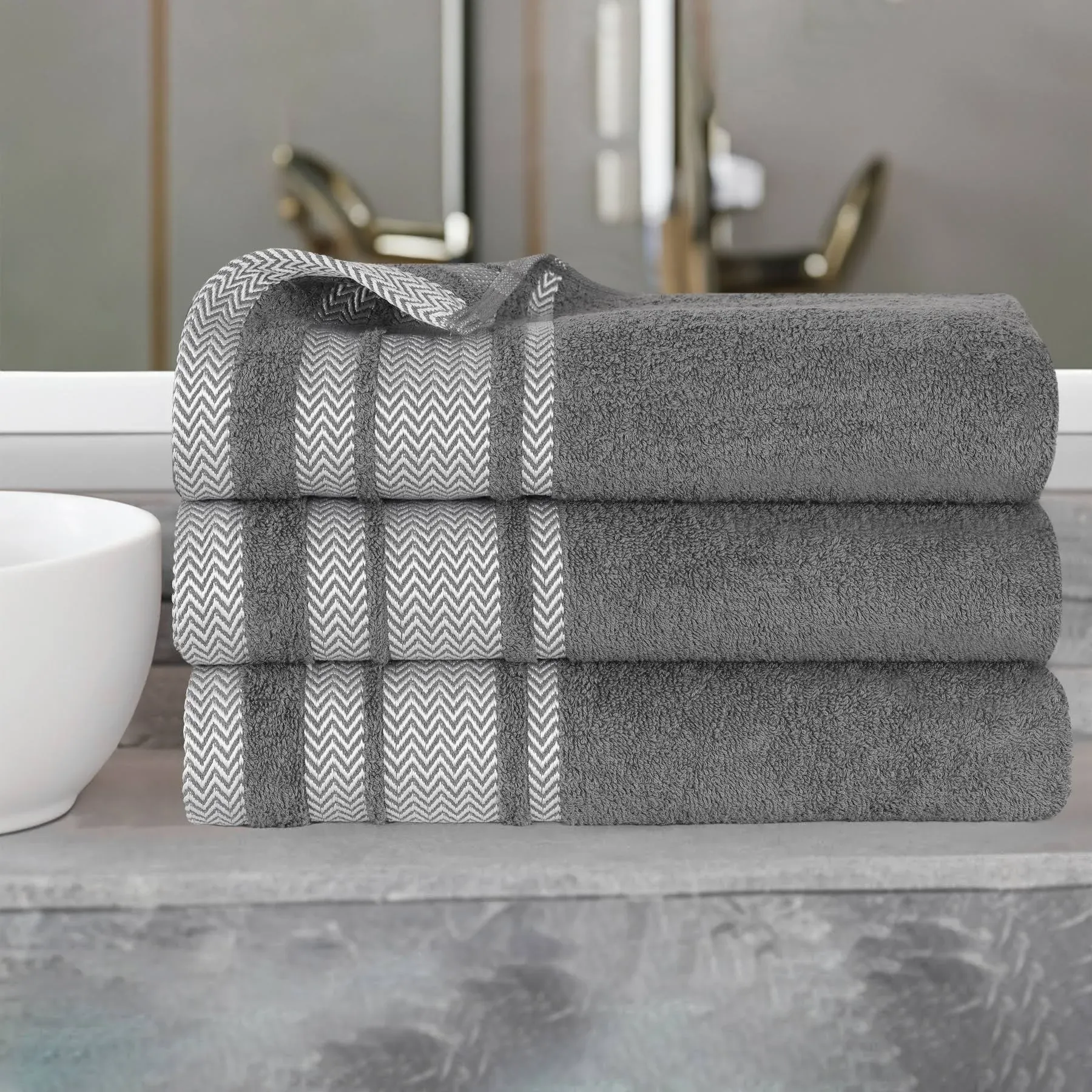 Superior Cotton Bath Towel Set, Large Plush Soft Absorbent Body Towels, Shower, Spa, Hotel, Pool, Gym, Bathroom Basics, Home Essentials, Luxury, Fluffy, Quick Dry, Hays Collection, Set of 3, Grey