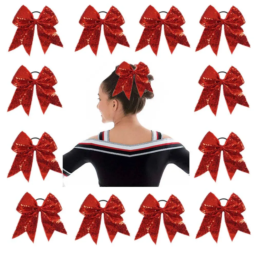 Oaoleer 12PCS 7" Large Glitter Cheer Hair Bows Ponytail Holder Elastic Band Handmade for Cheerleading Teen Girls Sports Red