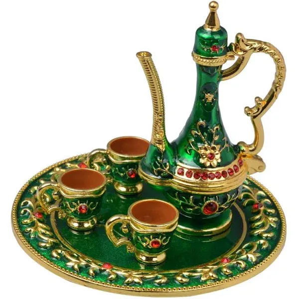 Handcrafted Persian Metal Teapot Figurine | 4.3 Inches | Golden Jeweled Green