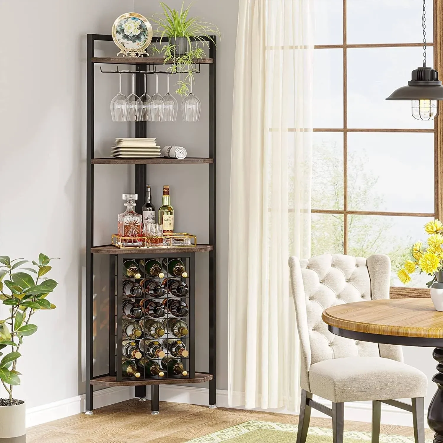 Industrial 4 Tier Corner Wine Rack with Glass Holder