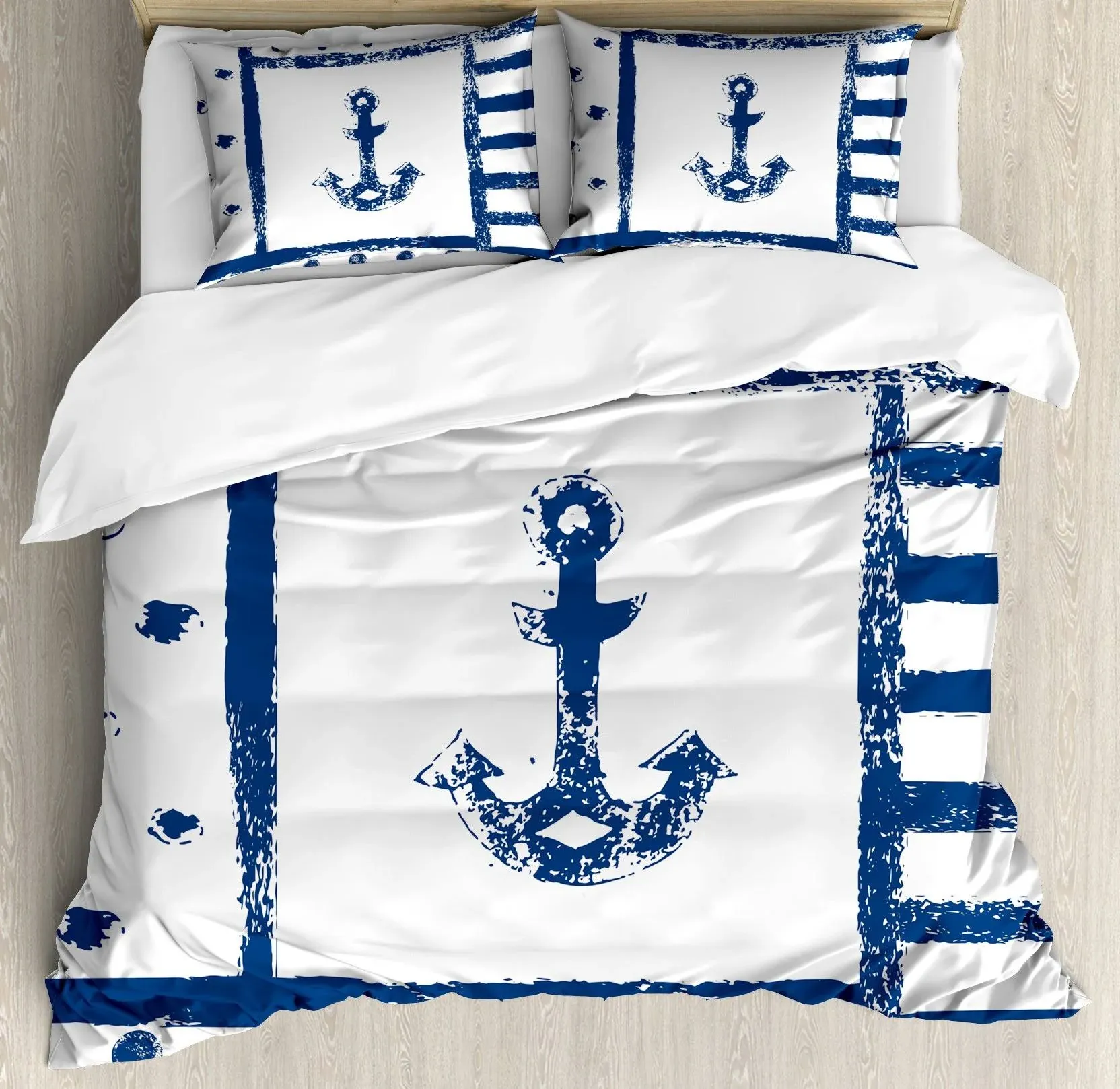 Anchor Duvet Cover Set with Pillow Shams Grunge Boat Navy Theme Print