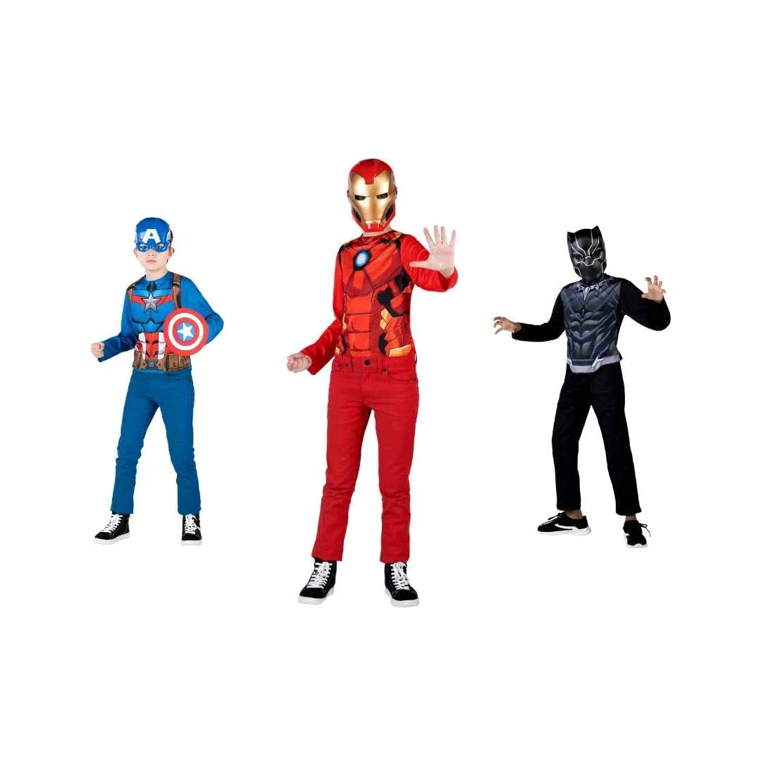 Marvel Avengers Team Child Dress-Up Trunk - Three Long-Sleeved Costume Tops with Printed Design Plus 3D Plastic Masks and Shield Accessory