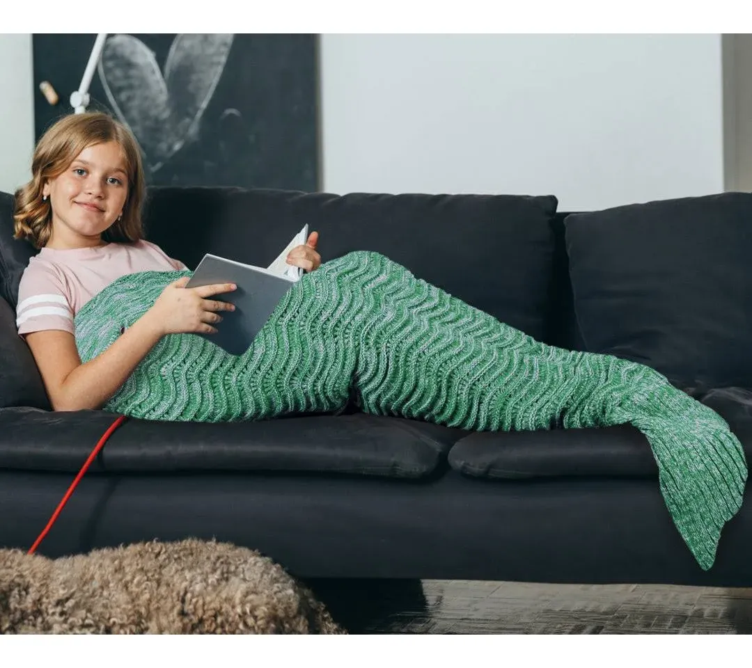 Catalonia Mermaid Tail Blanket with Anti-Slip Neck Strap, Soft Silky Hand Knitted Mermaid Sleeping Blanket for Girls Women Adults Teens All Seasons Sleeping Bag Green 66.5" x 22.5"