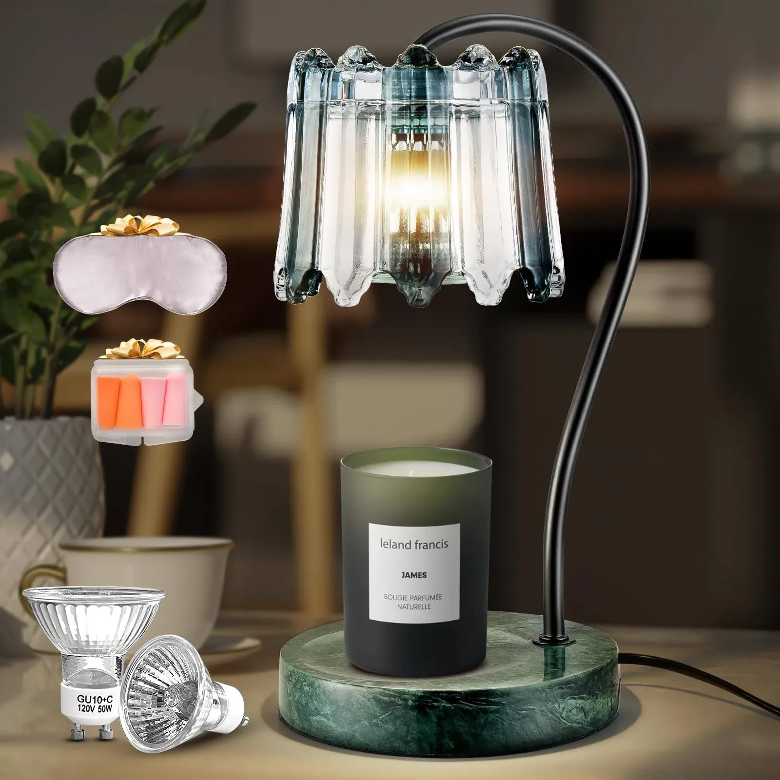 Candle Warmer Lamp with Timer and Dimmer - Green Marble Base with Retro Glass ...