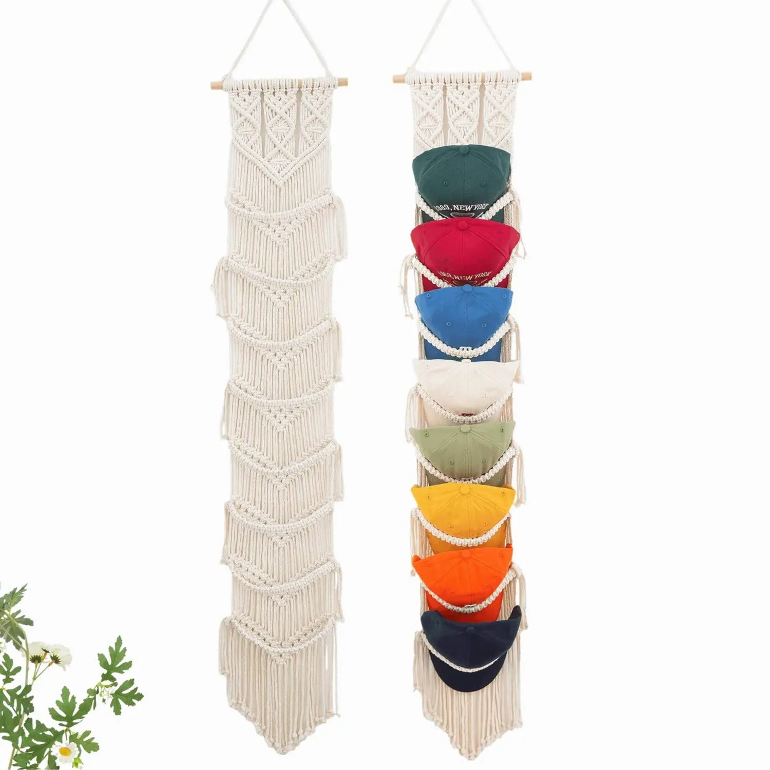 Macrame Cap Holder, Boho Hats Organizer for Baseball Caps, Hat Rack for Wall Hanging Decoration, Cap Rack for Collection Display, Handmade Cap Hanger Storage Organizer (Eight hats)