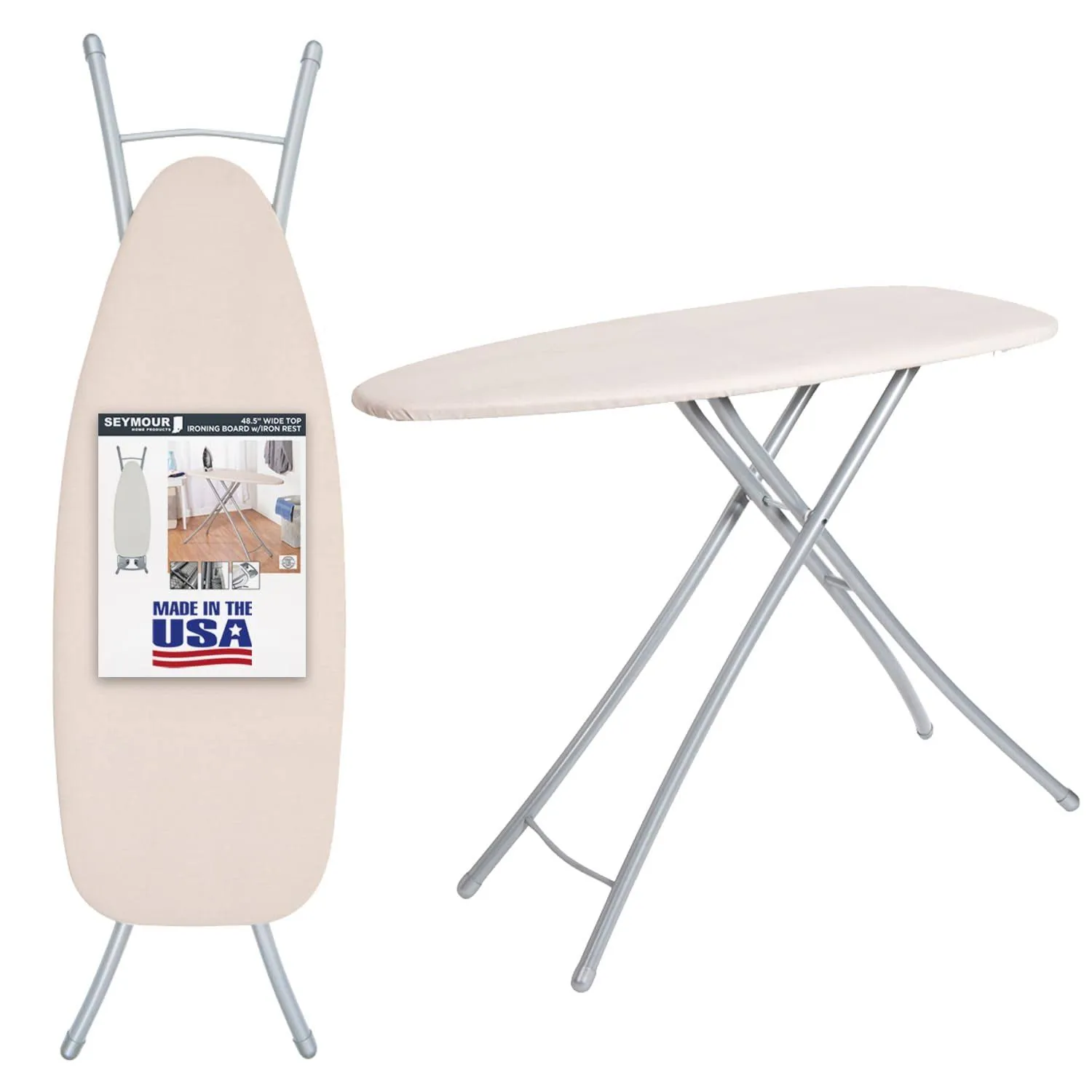 Ironing Board Full Size Made in The USA by Seymour Home Products (linen Beige) Extra Wide 18” Iron Board Set Includes Cover & Pad | All-Steel Frame