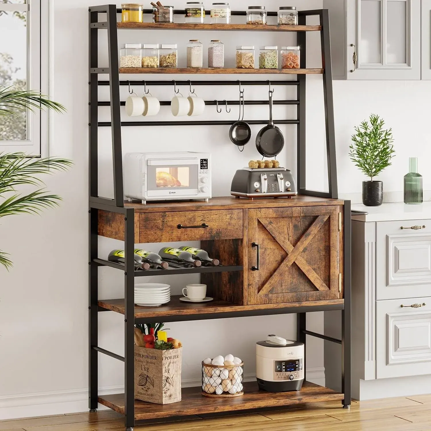 Baker&#039;s Rack, Coffee Bar Cabinet, Farmhouse Microwave Stand with Wine Rack