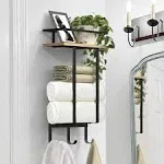 Luxspire Towel Racks for Bathroom Wall Mounted, Metal Towel Holder with Wooden Floating Shelf & 3 Hooks, Rolled Bath Towel and Hand Towel Storage for