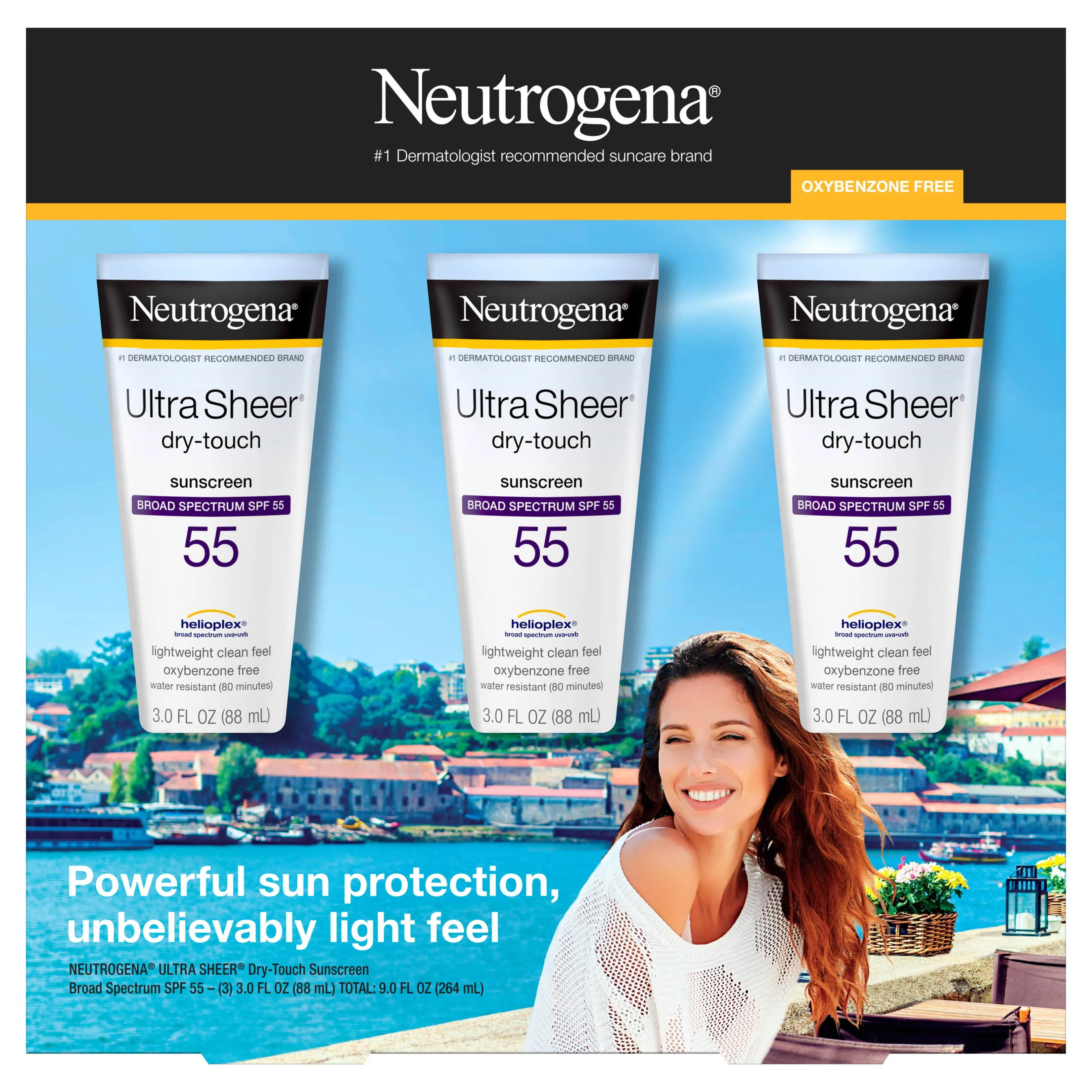 Neutrogena Ultra Sheer Dry-Touch Sunscreen Lotion, Broad Spectrum SPF 55 UVA/UVB Protection, Lightweight Water Resistant Face & Body Sunscreen, Non-Greasy, Travel Size, 3 fl. oZ (3PACK)