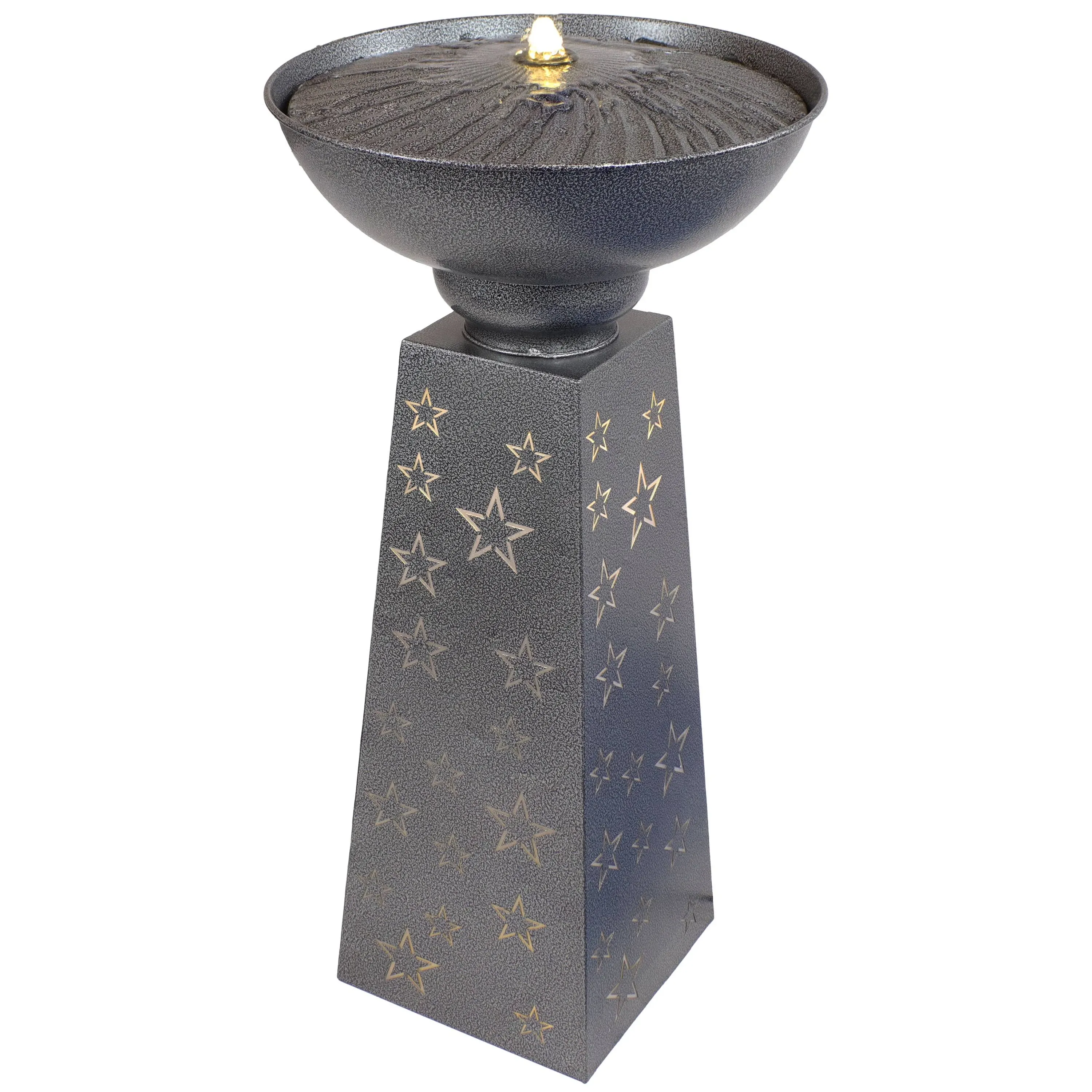 Sunnydaze Starry Sky 31.25" H Galvanized Iron Bird Bath Fountain with LED Lights - Electric Submersible Pump Included