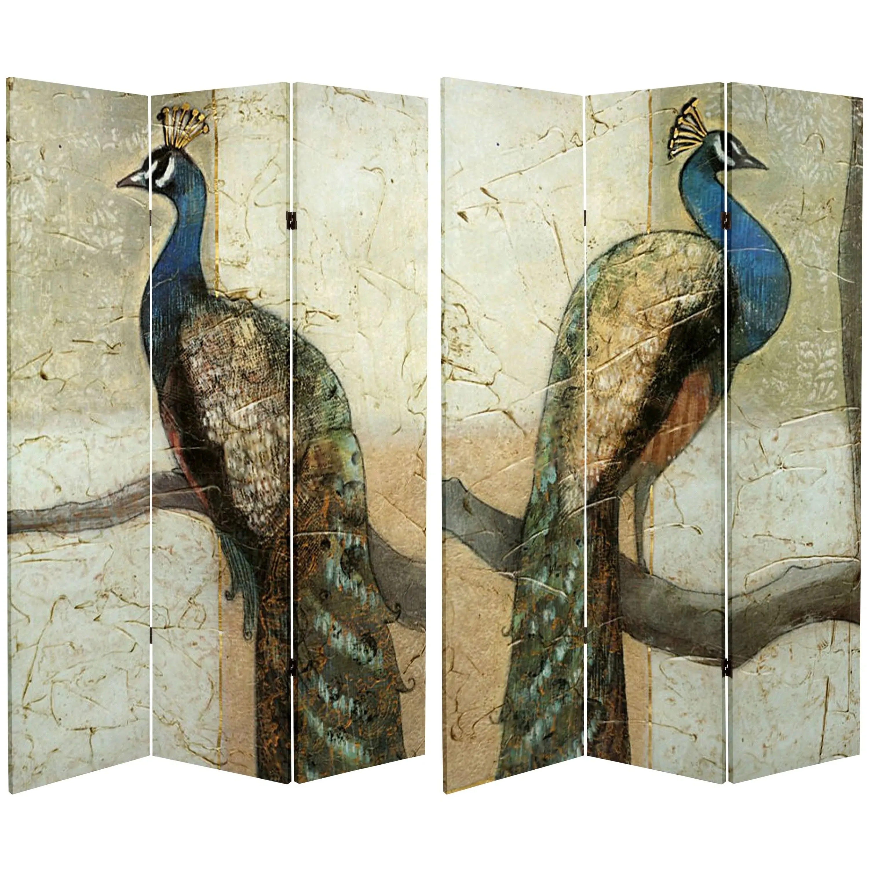 Red Lantern 6 ft. Tall Double Sided Peacocks Canvas Room Divider, Beige