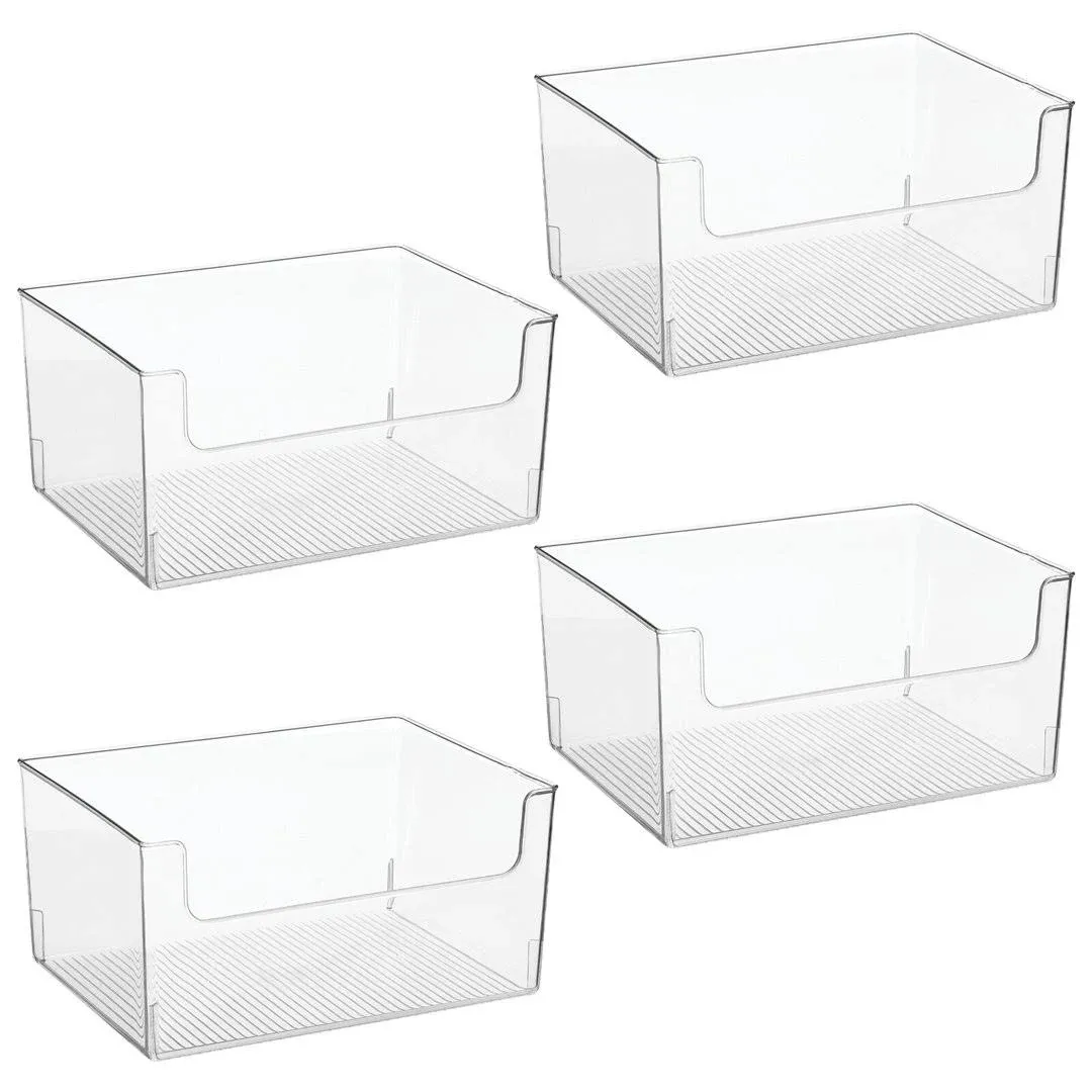 mDesign Plastic Modern Wide Open Front Dip Storage Organizer Bin Basket for Household Organization - Shelves, Cubby, Cabinet, and Closet Organizing Decor - Ligne Collection - 4 Pack - Clear