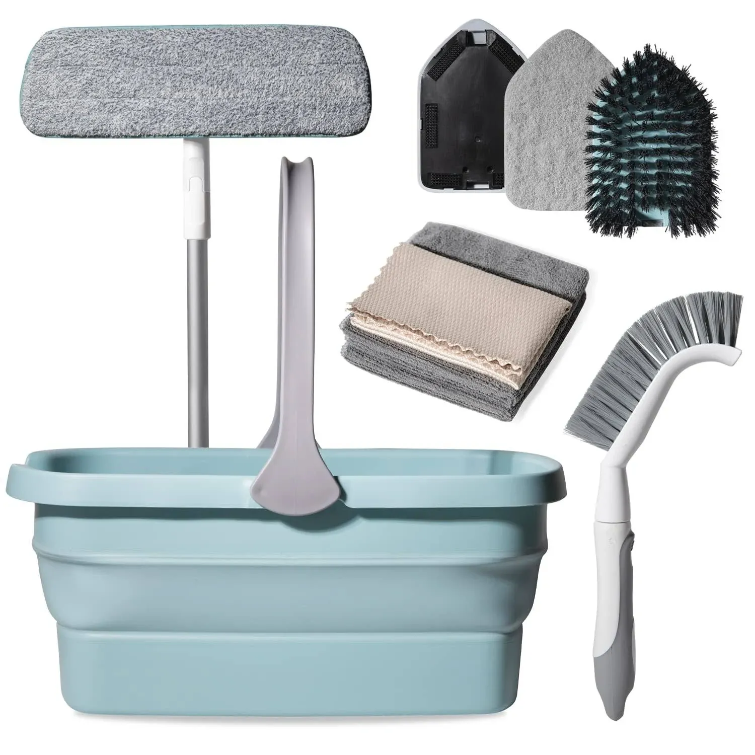 Don Aslett's Ultimate Cleaning Set | Includes 3 Cleaning Cloths, 15" Machine Washable Microfiber Mop Pad, Hard Bristle Brush, Scrubbing Pad, Grout Brush, and Collapsible Bucket for Bathroom or Kitchen