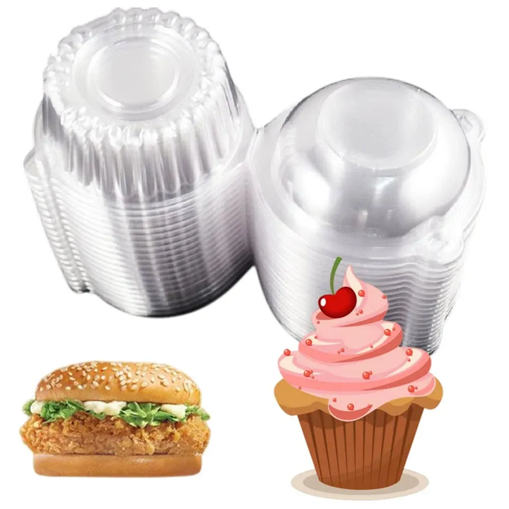 Hewnda 50 Pack Plastic Single Individual Cupcake Muffin Dome Holders Cases Boxes Cups Pods,Great for parties or cake,muffin sales