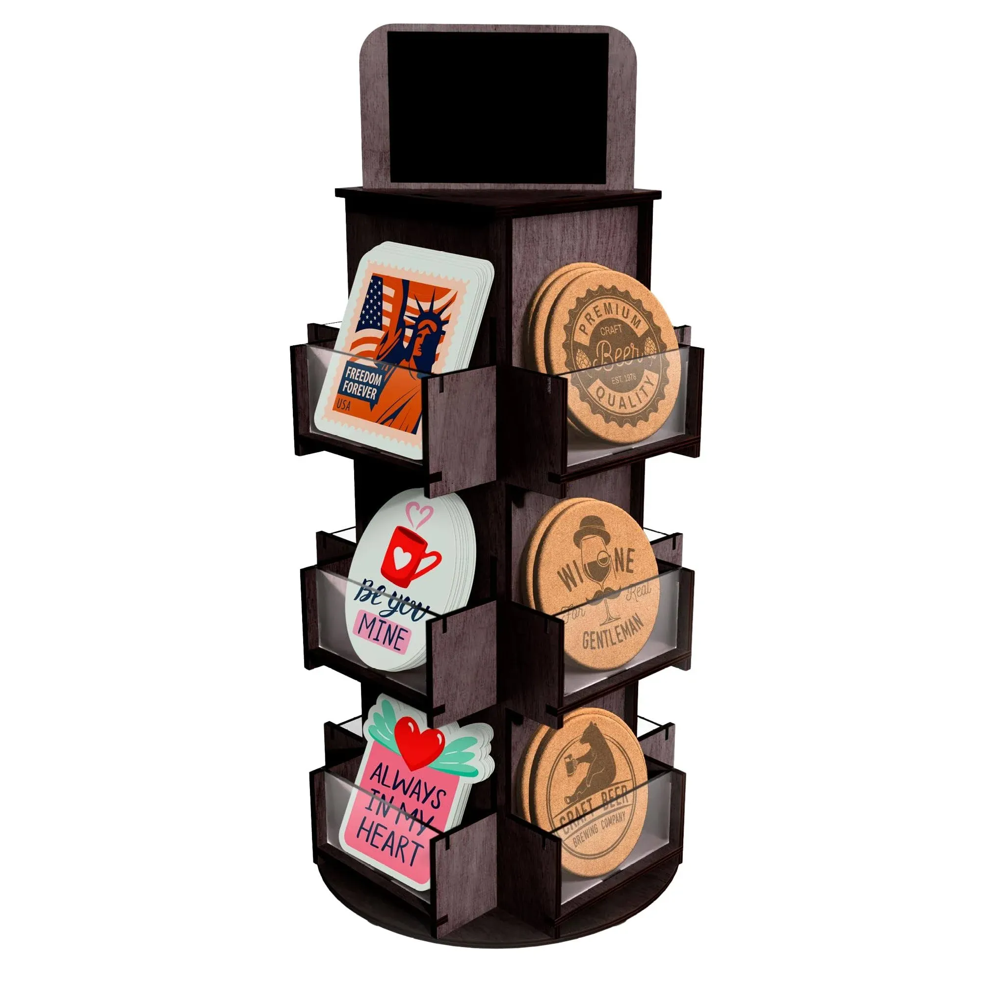 DS The Display Store 3 Tier Rotating Sticker Display Stand for Vendors, Black Wooden Countertop Organizer Shelf for Coasters, Retail, Showcase,