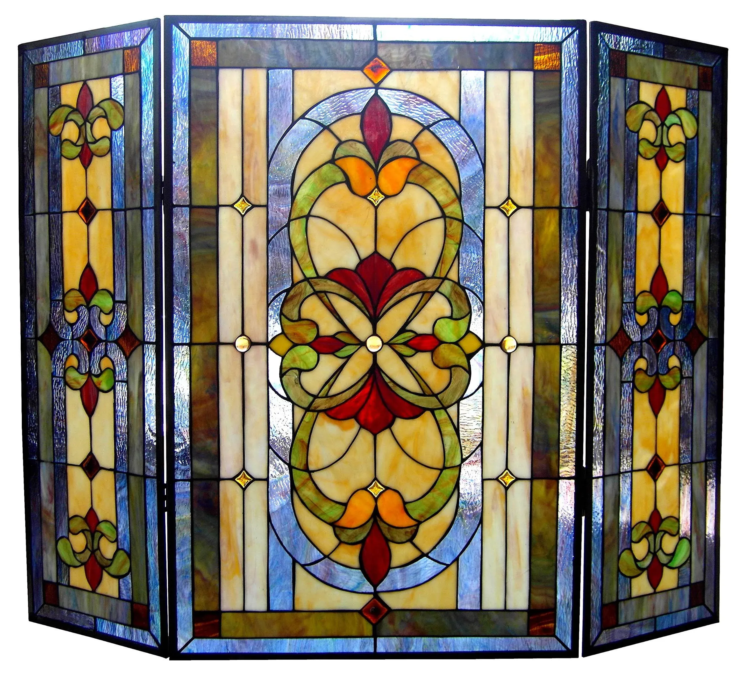 Chloe Lighting Tiffany-glass 3pcs Folding Victorian Fireplace Screen 40" Wide