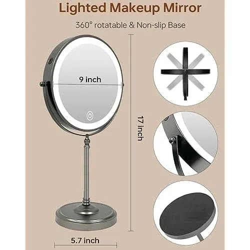 9" Lighted Makeup Mirror with 1X 10x Magnification, 5000mAh Rechargeable Led Magnifying Vanity mirror with lights, 3 Lighting Colors, Brightness Dimmable Height Adjustable Cosmetic Mirror Black