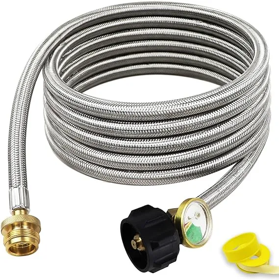 Foinwer 12 ft Propane Hose Adapter 1lb to 20lb with Guage,Stainless Braided Propane Hose Adapter 1lb Portable Appliance to 20lb or 5-40l