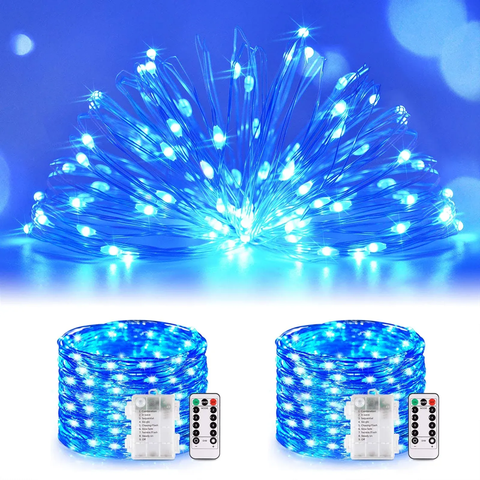 JMEXSUSS 2 Pack Blue Fairy Lights Battery Operated, Total 200 LED 66ft Blue String Lights Waterproof with Remote Timer, Blue Christmas Lights Indoor Decor for Bedroom Wedding Party Decor