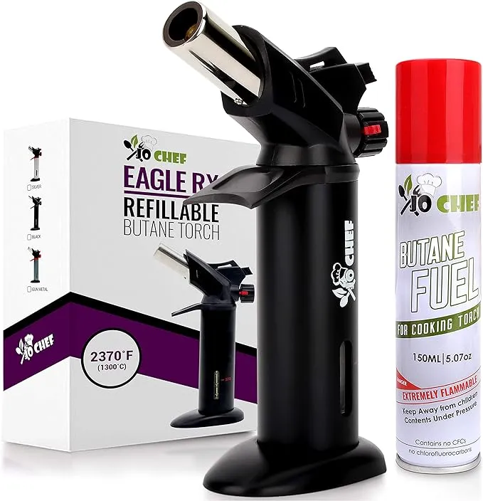 Jo Chef Eagle RX Crème Brûlée Torch - Safest Kitchen Food Torch - Safety Switch, Hand Shield, Fuel Gauge, Ergonomic Matte Black Grip - C