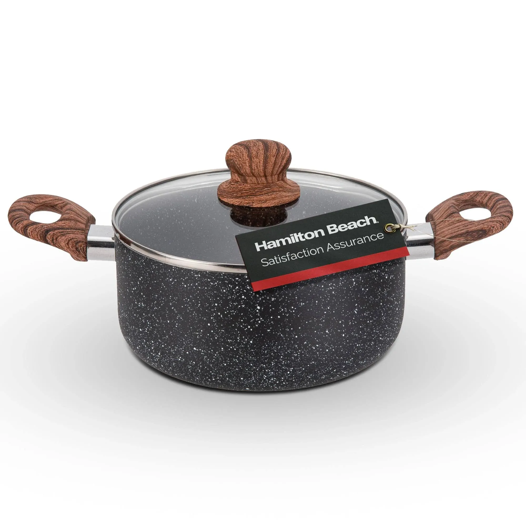 Hamilton Beach 3 Quart Aluminum Nonstick Marble Coating Even Heating Round Dutch Oven Pot with Glass Lid and Wooden Like Soft Touch Handle, Dutch Oven