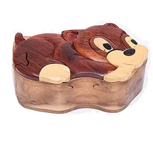 Cartoon Dog Handcrafted All Natural Wood Intarsia Puzzle Box with Secret Compartment