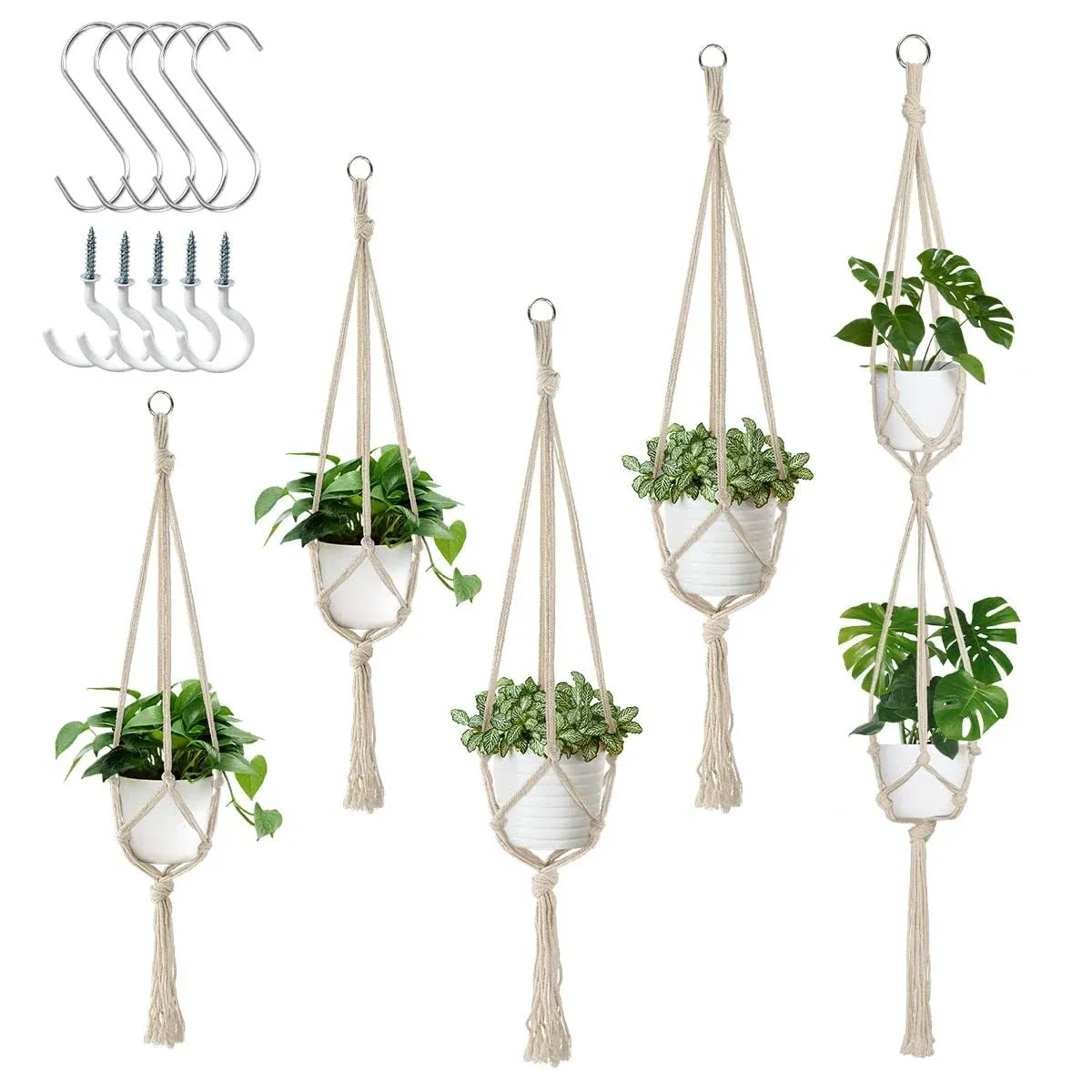 5 Pack Macrame Plant Hangers, Indoor Hanging Plant Holder with S Hooks and 