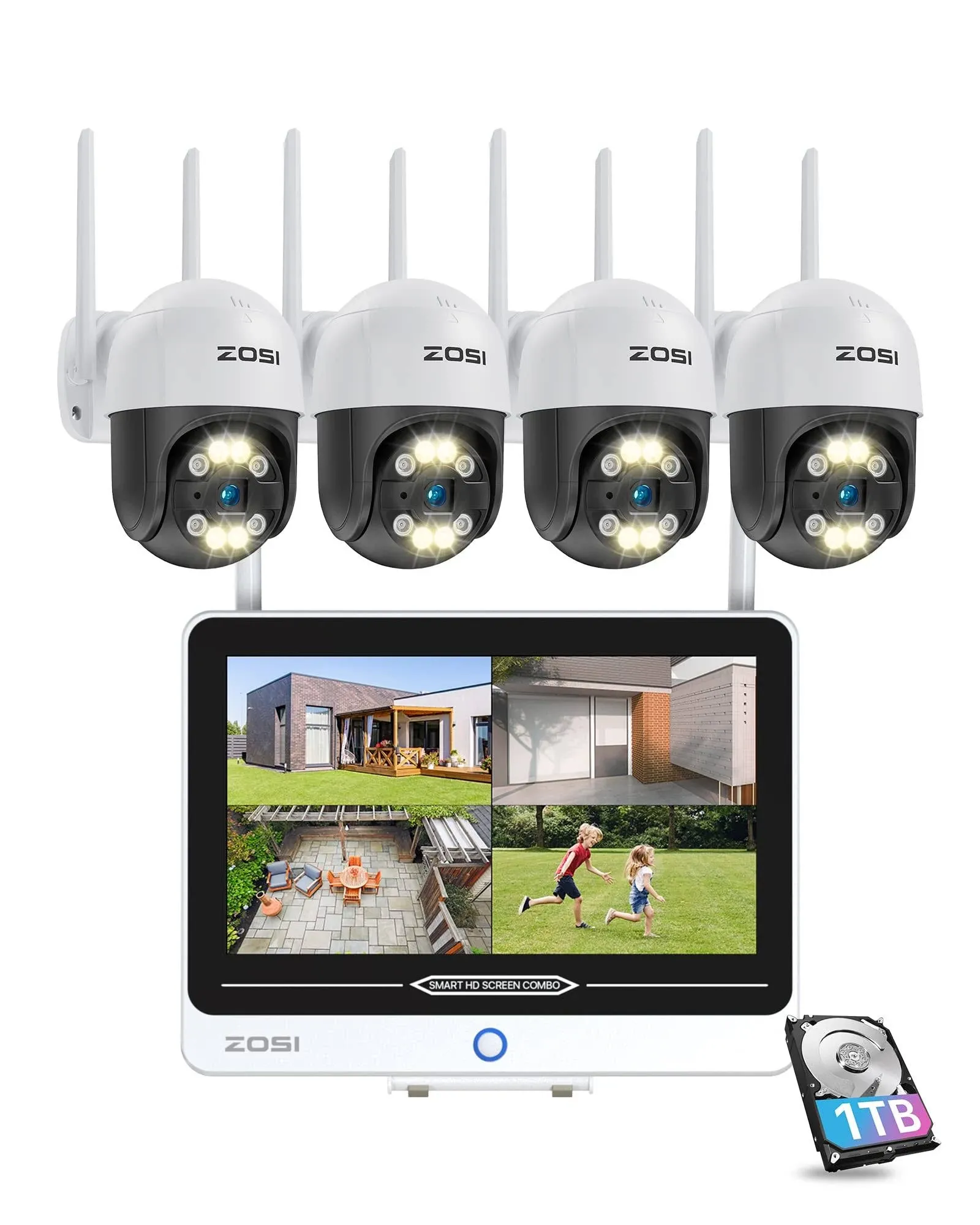 ZOSI 2K 8CH Security Camera Wireless Outdoor System with 12.5in LCD Monitor,4x 3MP Pan/Tilt Cameras with 2 Way Audio,Color Night Vision,Human Detection,1TB HDD for Home 24/7 Recording Surveillance