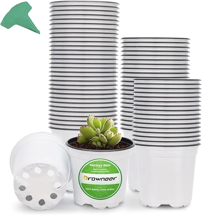 GROWNEER 60 Packs 4 Inch Plastic Plant Nursery Pots with 15 Pcs Plant Labels, Seed Starting Planting Pot Flower Plant Container for Succulents, Seedlings, Cuttings, Transplanting, White