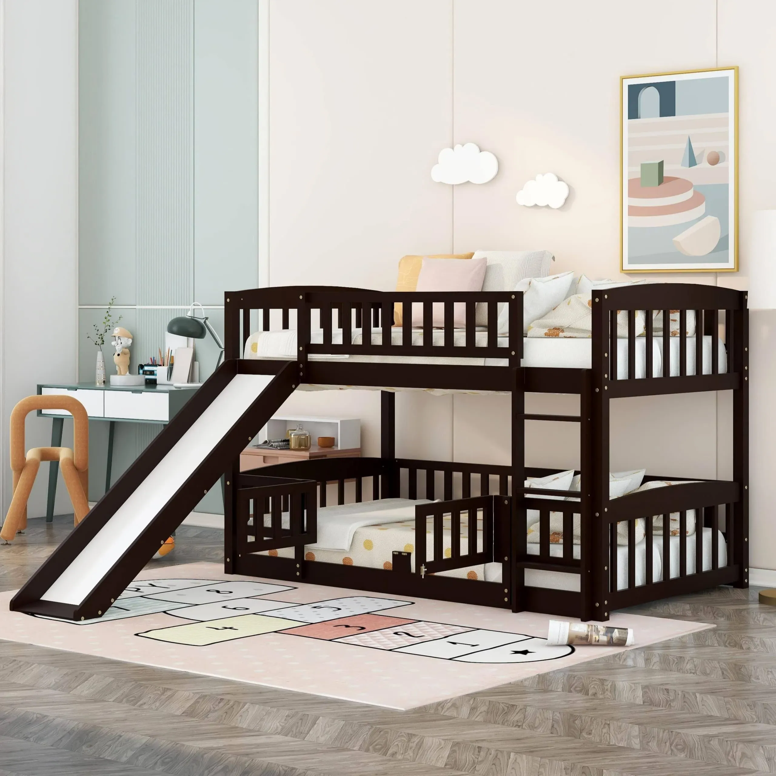 Harper & Bright Designs Low Kids Bunk Bed with Slide, Twin Over Twin Bunk Bed ...