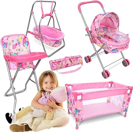 Stroller for Dolls Baby Doll Stroller Set Fits 16″ Dolls - 4 Pcs Baby Doll