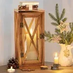 XRKITE Wooden Candle Lantern Decorative, Patio Decor with Stainless Top and Glass, Hurricane Lantern Holder Decor for Indoor Outdoor, Home, Garden, We