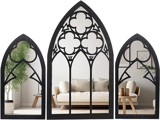 BULICADO Gothic Mirrors Wall Decor - 3 Piece Set 15.8 inch Gothic Furniture Cathedral Mirrors - Halloween Decor for Bathroom and Kitchen - Goth