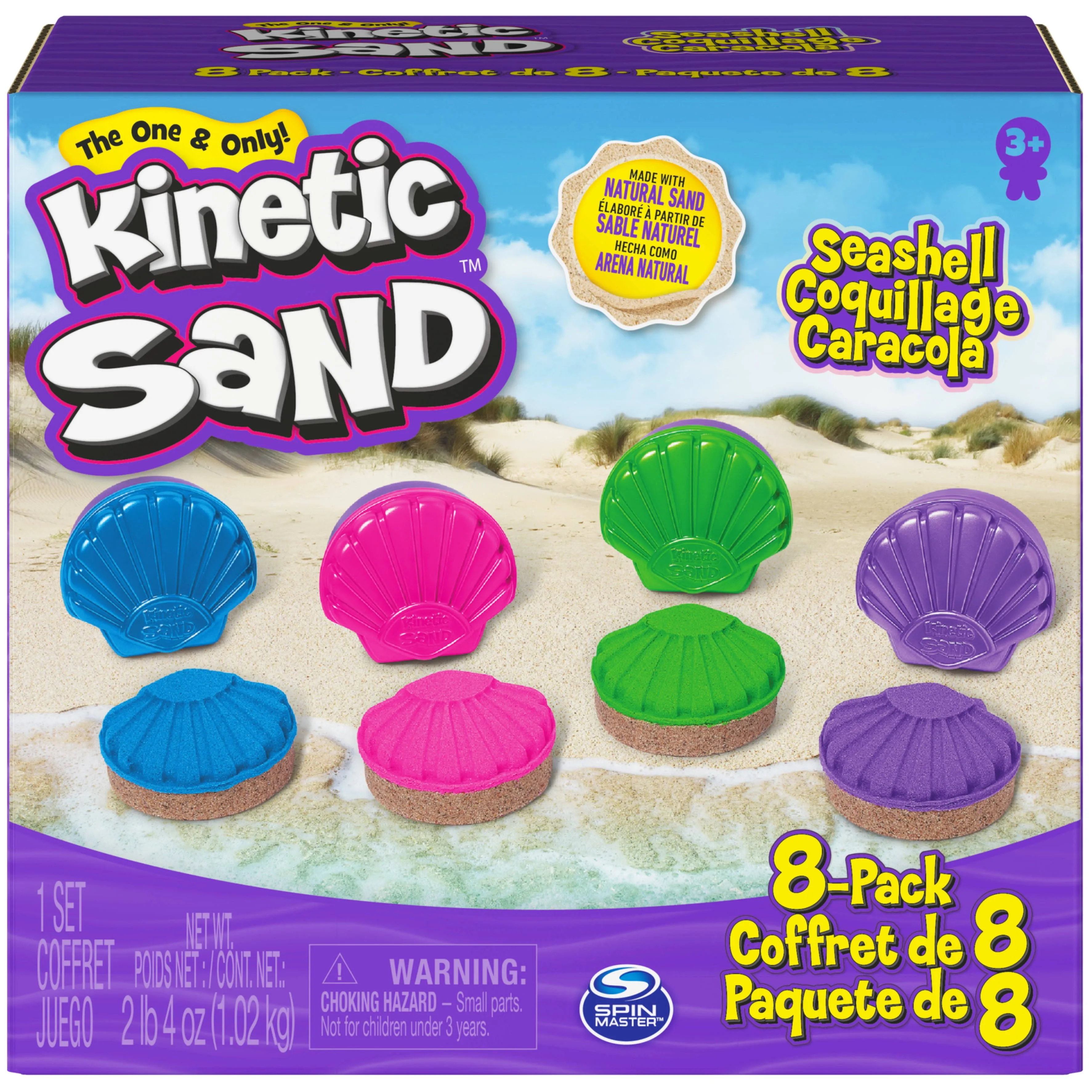 Kinetic Sand, Seashell Containers 8-Pack with 4 Neon Sand Colors and Kinetic Beach Sand, Play Sand Sensory Toys for Kids Ages 3 and up