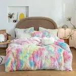 SUCSES Faux Fur Fluffy Girls Twin Bedding Set 3 Pieces Plush Shaggy Rainbow Duvet Cover Sets Colorful Tie Dye Furry Fuzzy Comforter Cover Set for Bedroom Decor (Pink Pastel, Twin Size)