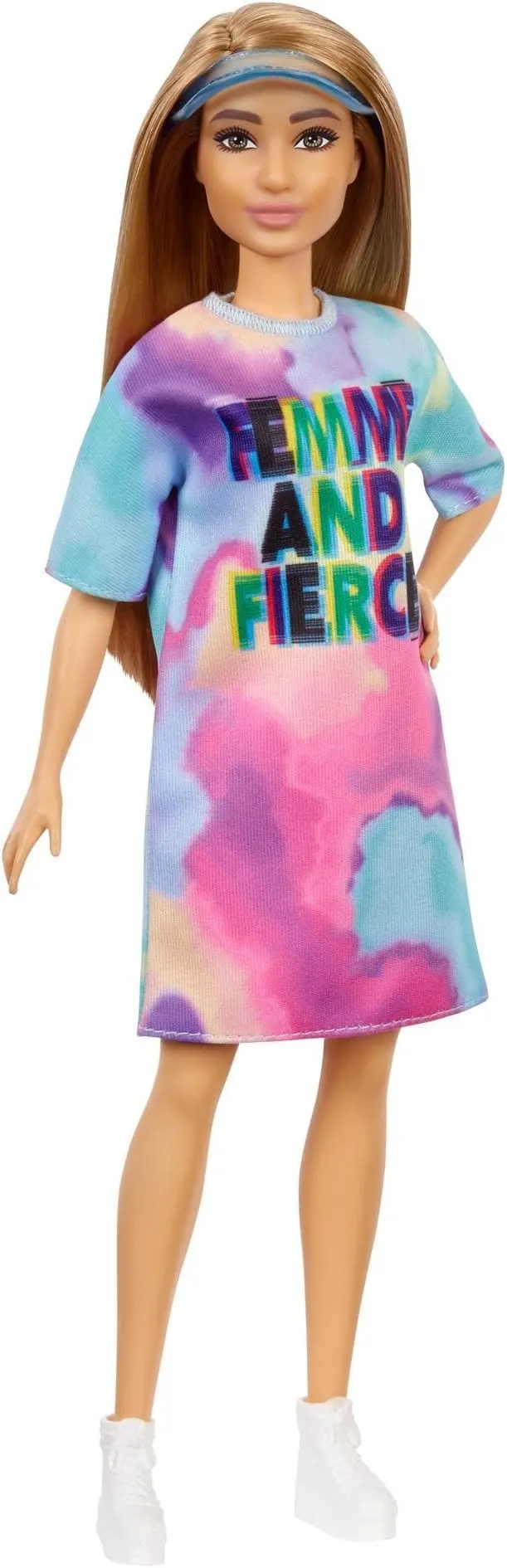 Barbie Fashionistas Doll, Petite, with Light Brown Hair Wearing Tie-Dye T-Shirt Dress, White Shoes & Visor, Toy for Kids 3 to 8 Years Old