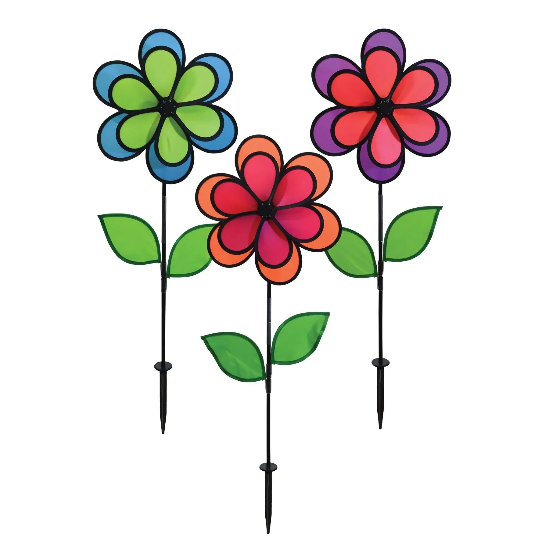 In the Breeze 14 Inch Neon Colorblock Double Flower Spinners - 3 Pack - Colorful Wind Spinners for Your Yard and Garden