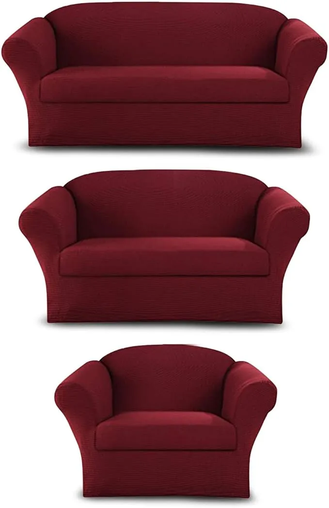 Sapphire Home 3-Piece Couch Cover Set, Sofa, Loveseat, and Arm Chair Slipcovers, Form fit Stretch, Wrinkle Free, Furniture Protector, Sofa Covers for Living Room, Polyester Spandex (Burgundy)